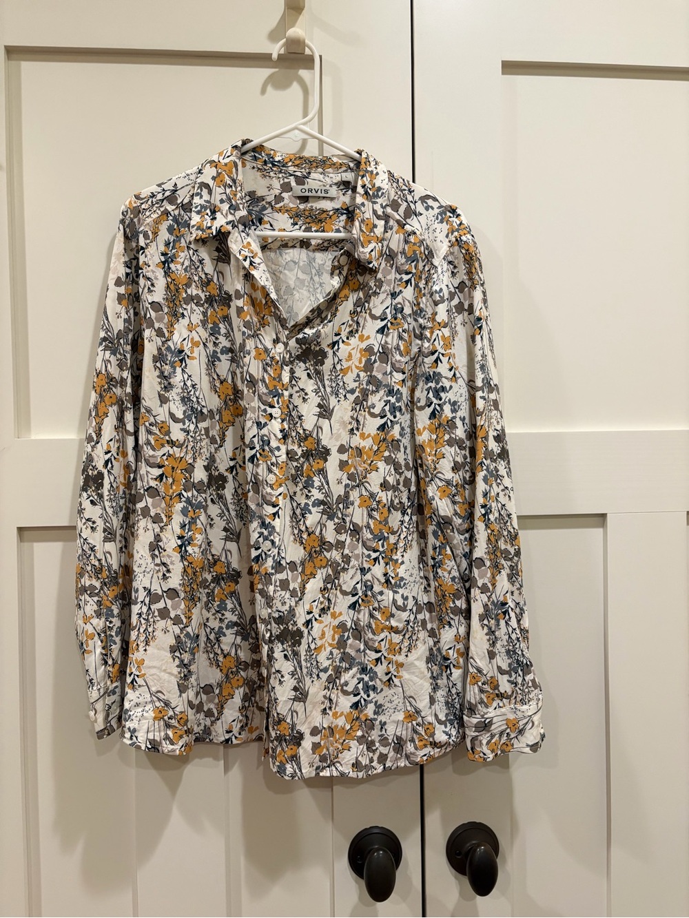 Orvis Women’s White Floral Button-Down Shirt with Mustard & Gray Print